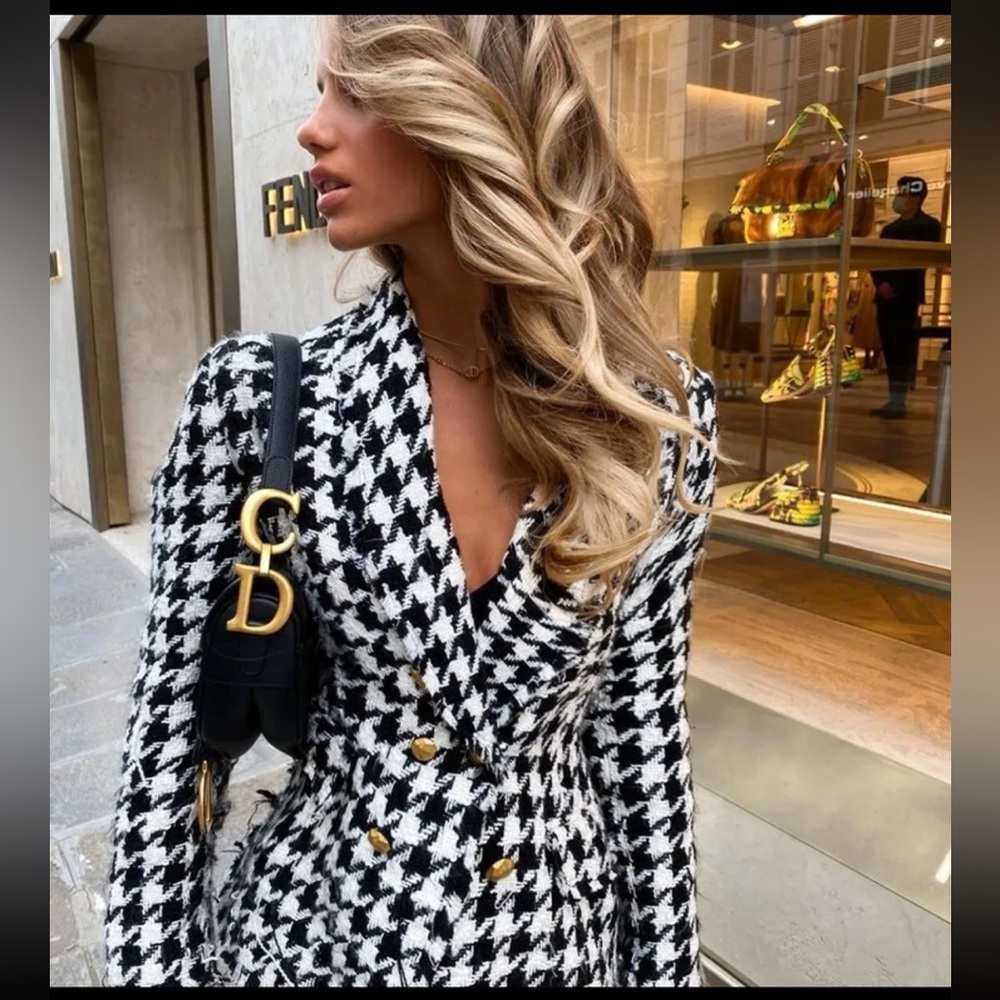 Zara Women’s Houndstooth Tweed Blazer w/Unfinished/Frayed Hem Size Small